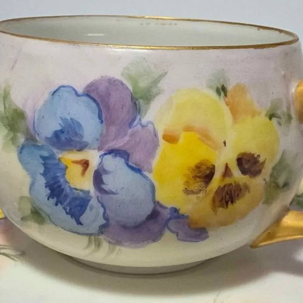 Sweetpea Teacup and Saucer Hand Painted Vintage Artist Signed 1964